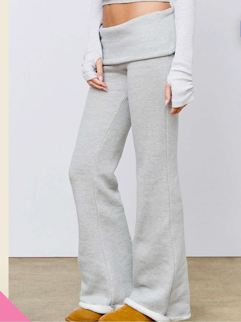 Women's Light Gray Fold-Over Waist Flare Pants